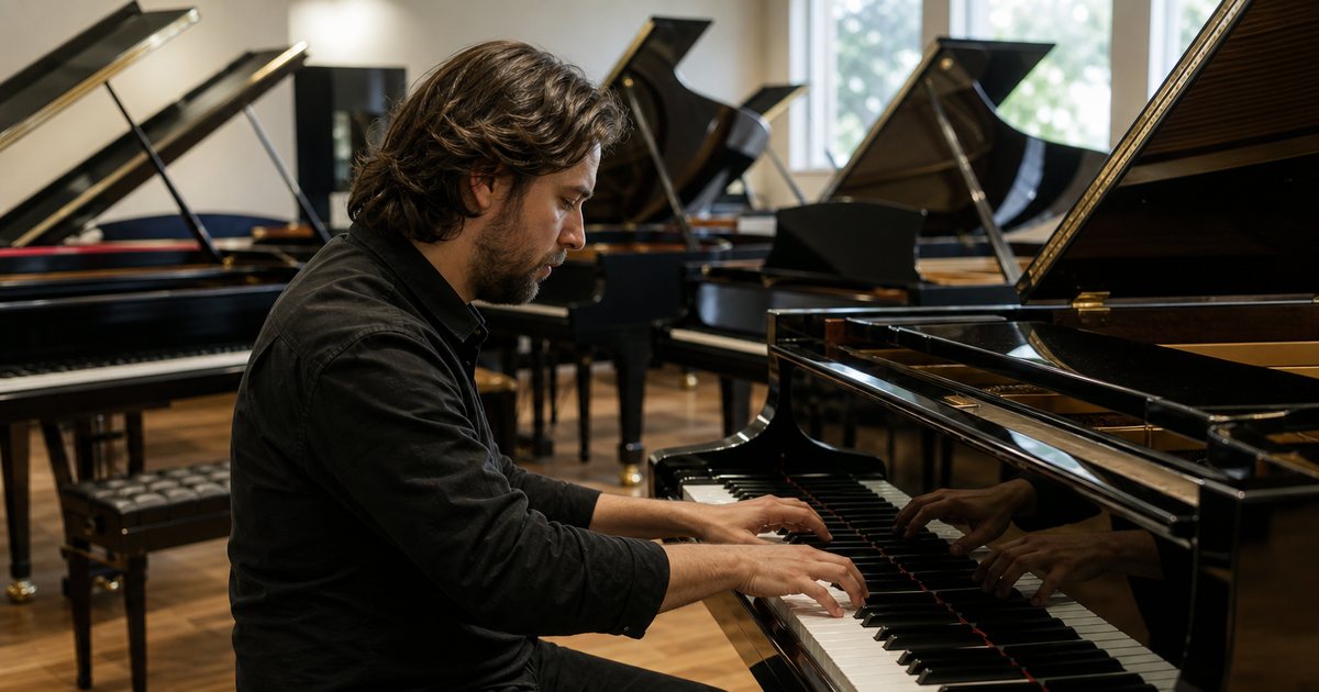 How do you evaluate the action and touch of a grand piano during a showroom trial?